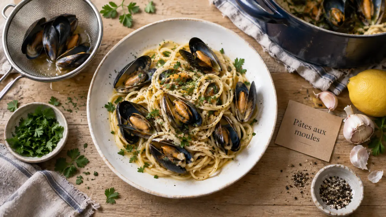pates moules, spaghetti aux moules avec jus filtré