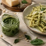 Recette pour pesto basilic maison : pesto vert, basilic et huile en filet