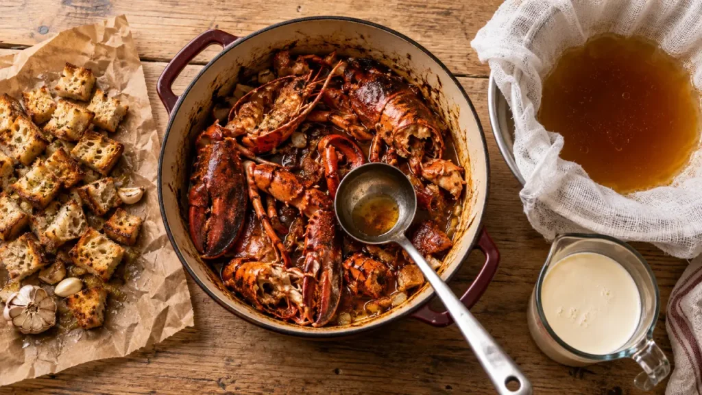 La bisque de homard maison se joue sur la coloration, la filtration et la réduction