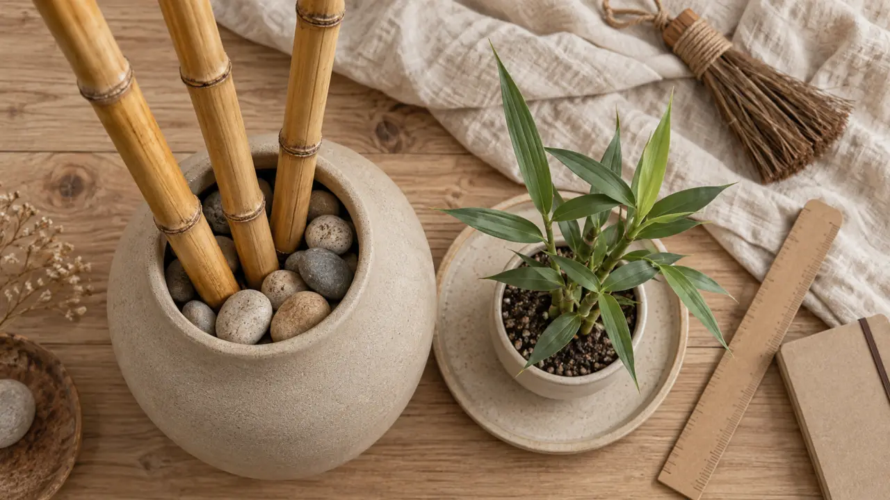 Bambou pour decoration intérieure : tiges sèches et plante en vase