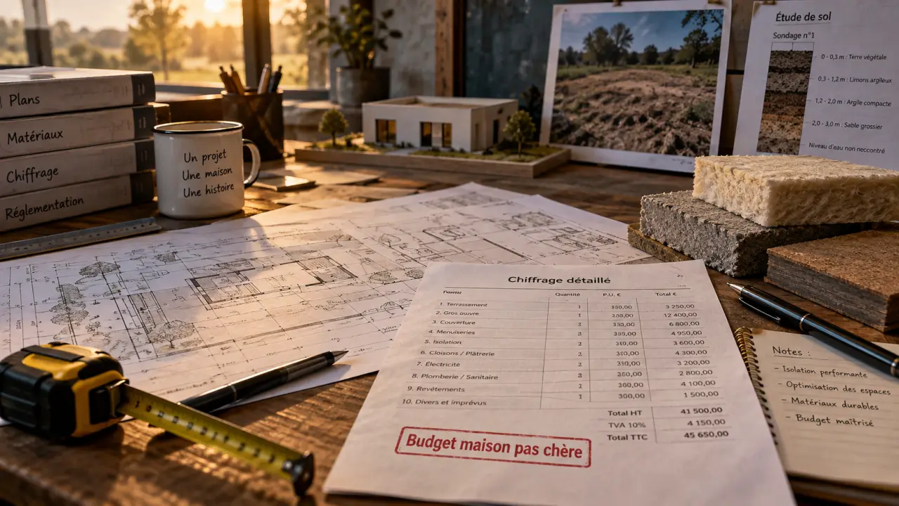 Construction maison pas cher : plans et budget en bureau de chantier