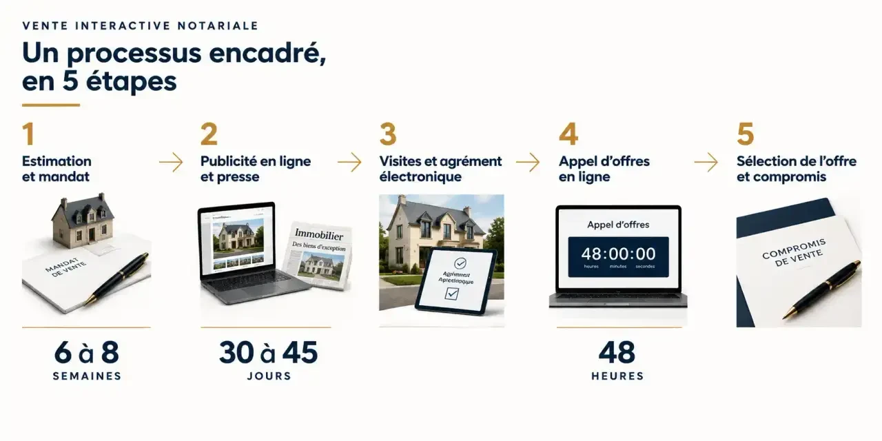 Étapes d'une vente immobilière avec notaire : frise de la vente interactive de l'estimation au compromis