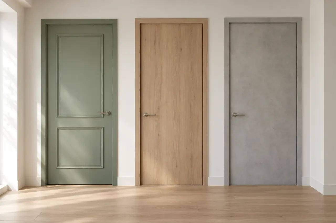 Décoration pour porte intérieure : trois portes relookées avec peinture et moulures, placage bois et revêtement adhésif effet béton