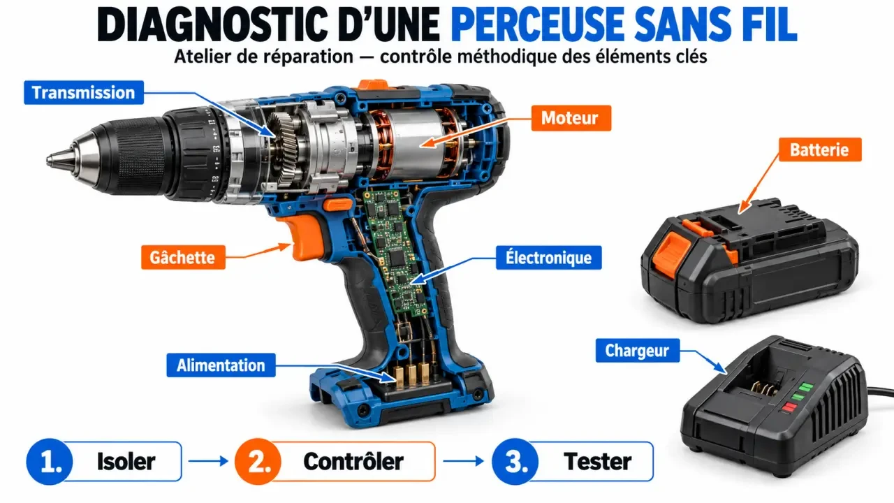 Schéma de diagnostic dans un atelier réparation outillage pour une perceuse, sa batterie et son chargeur