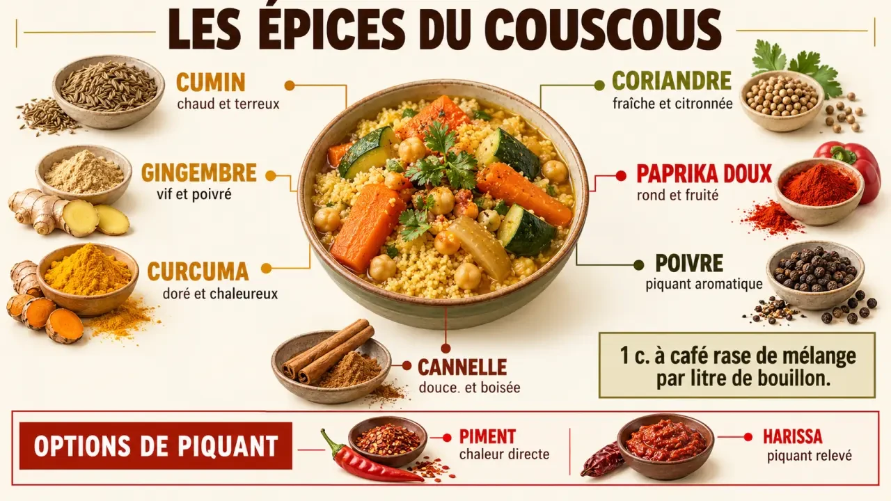 Infographie des épices pour couscous et dosage du mélange par litre de bouillon