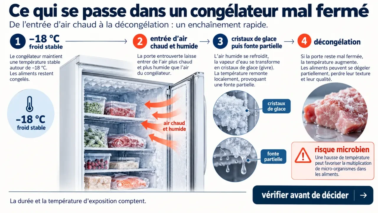 Infographie expliquant les effets d’un congélateur mal fermé sur la température et la décongélation des aliments