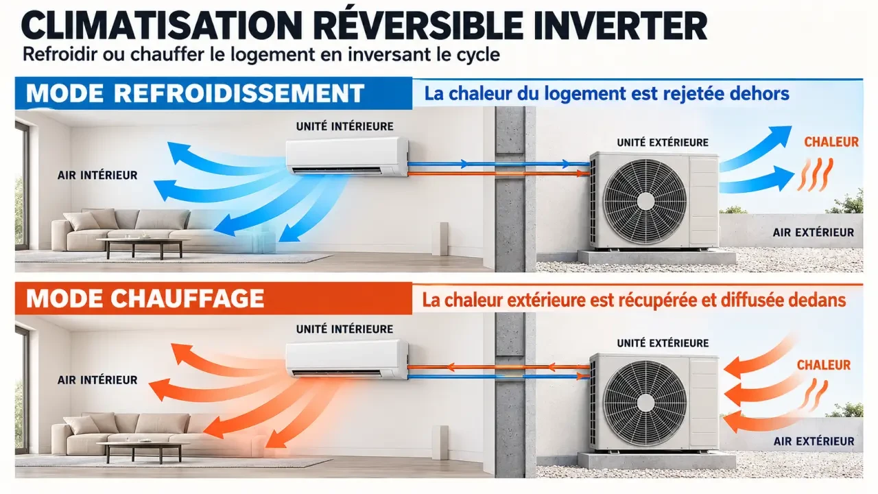 Schéma du fonctionnement d’une climatisation Altech réversible inverter en mode chauffage et refroidissement