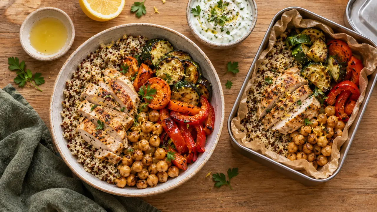 Idées recettes healthy : lunch box quinoa citronné, poulet et légumes rôtis