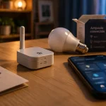 Objet connecté exemple : ampoule connectée et capteur sur table avec smartphone domotique