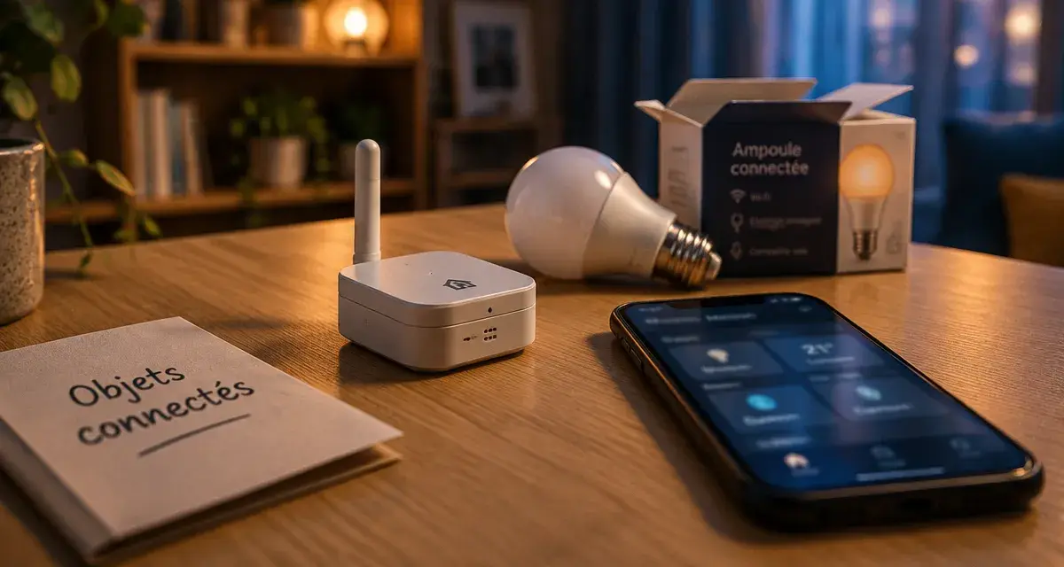 Objet connecté exemple : ampoule connectée et capteur sur table avec smartphone domotique