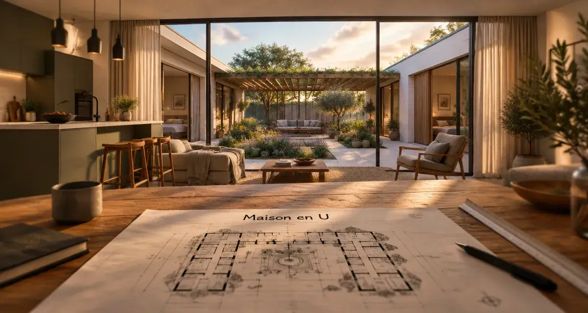 Plans maison en u : terrasse abritée par une maison en U