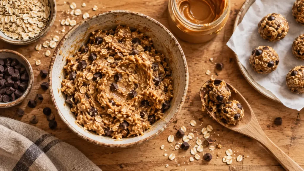 Bouchées fondantes au beurre de cacahuète, avoine et chocolat sans cuisson